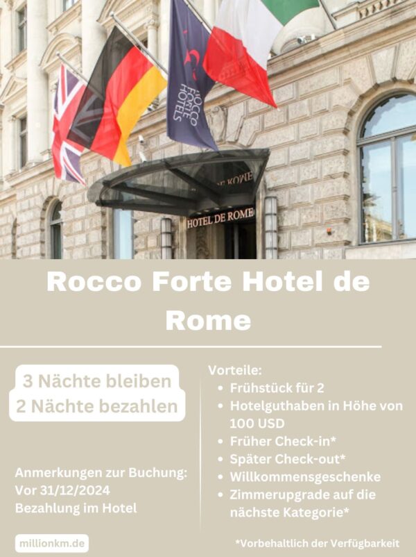 Rocco Forte Hotel de Rome 3 Nächte bleiben 2 Nächte bezahlen, Kostenloses Frühstück, USD 100 Hotelguthaben und mehr